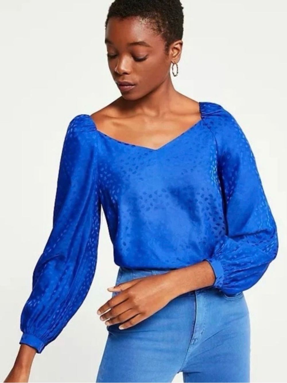 Ann Taylor Cobalt V-Neck Long Sleeve Blouse